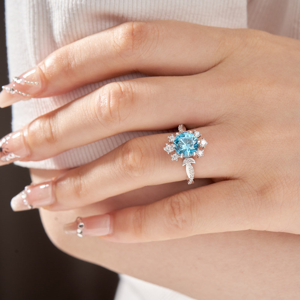 Round Cut Aquamarine Blue 925 Sterling Silver Moon Twisted Engagement Ring