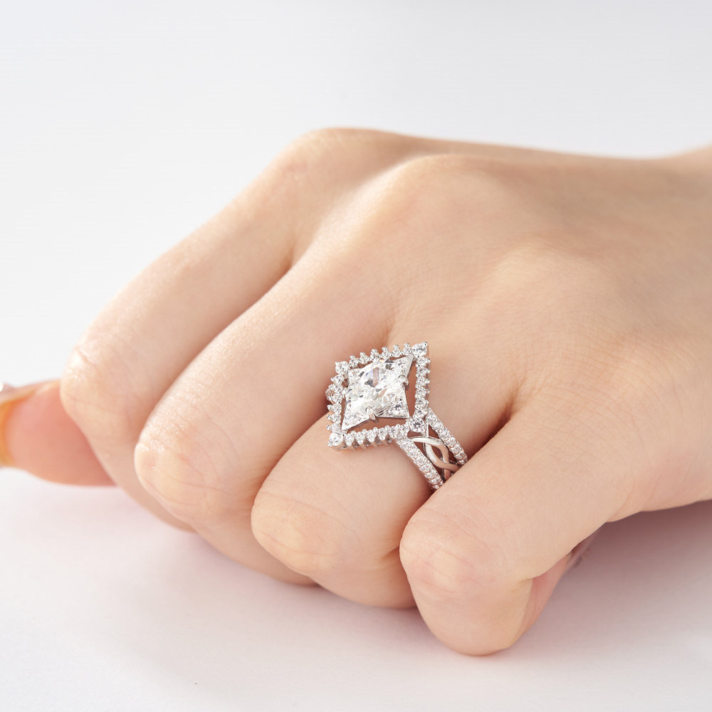Oval Cut Diamond White Sterling Silver Star Halo Twisted Engagement Ring