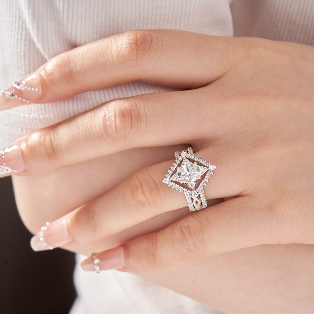 Oval Cut Diamond White Sterling Silver Star Halo Twisted Engagement Ring