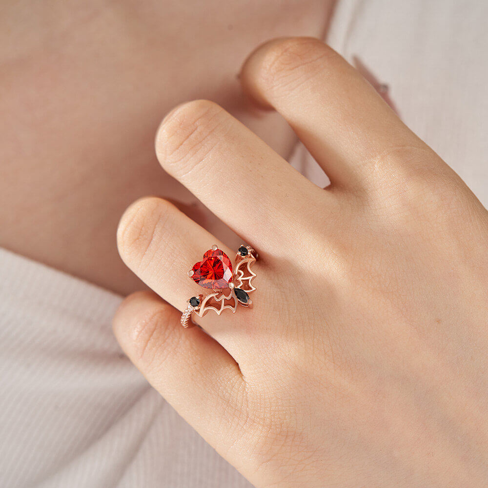 Vintage Heart Cut Ruby Red Sterling Silver Bat Wing Women's Ring