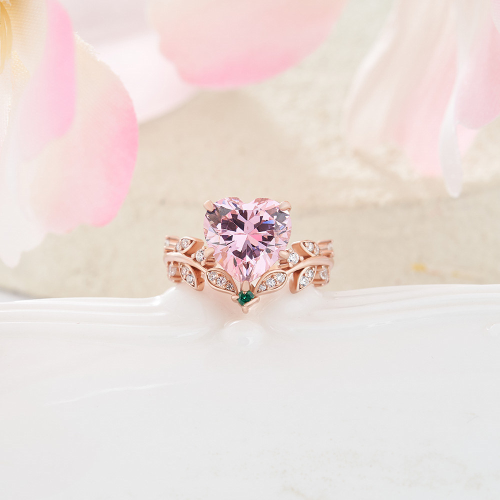 Heart Cut Fancy Pink 925 Sterling Silver Rose Gold Leaf Engagement Ring