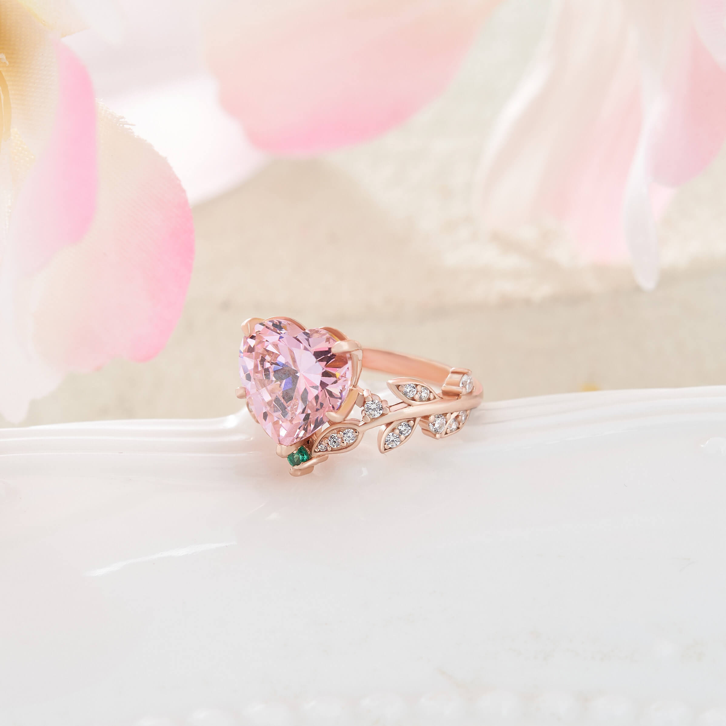 Heart Cut Fancy Pink 925 Sterling Silver Rose Gold Leaf Engagement Ring
