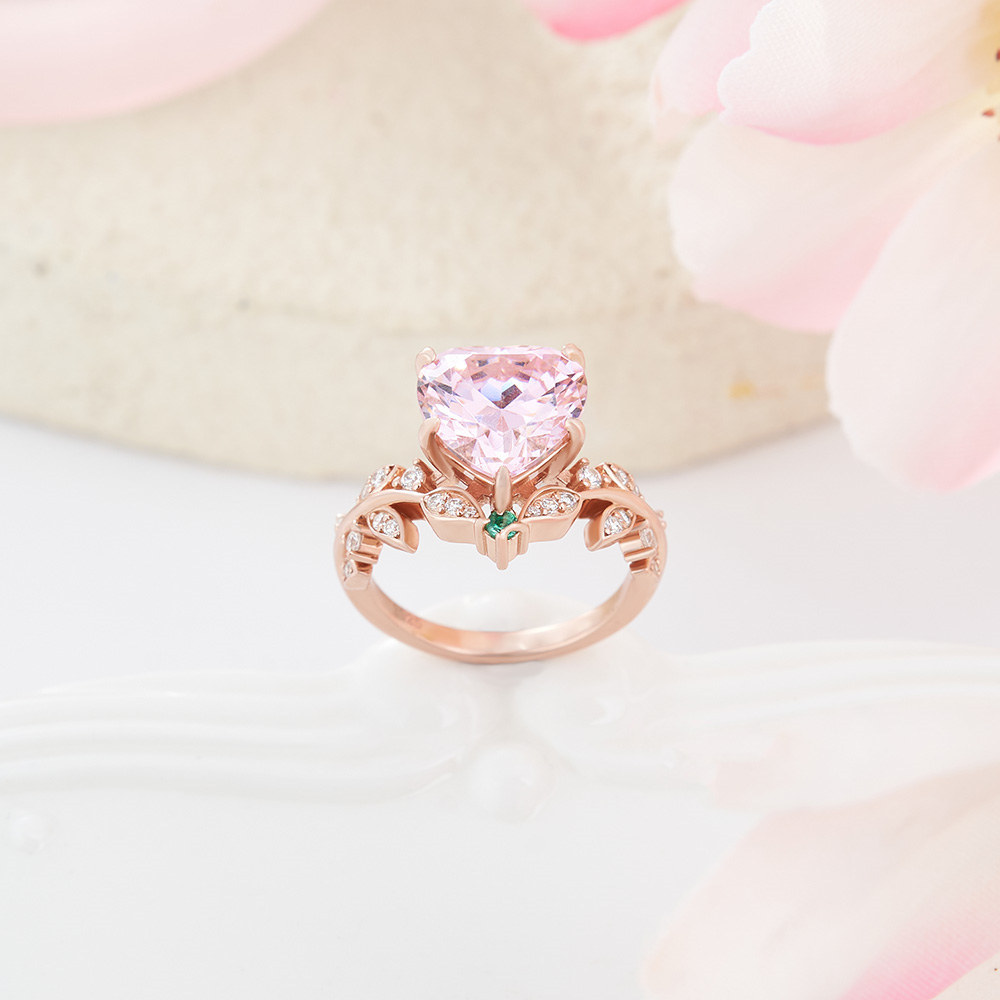 Heart Cut Fancy Pink 925 Sterling Silver Rose Gold Leaf Engagement Ring