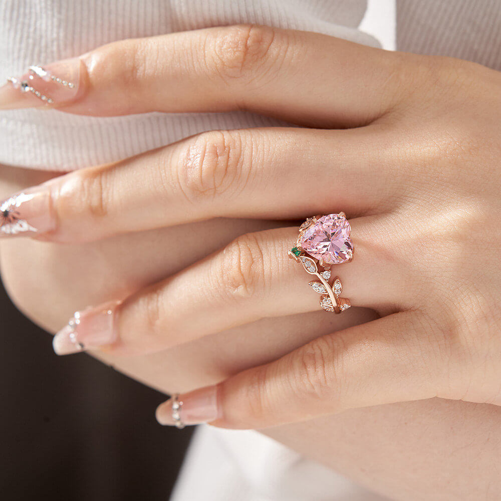 Heart Cut Fancy Pink 925 Sterling Silver Rose Gold Leaf Engagement Ring