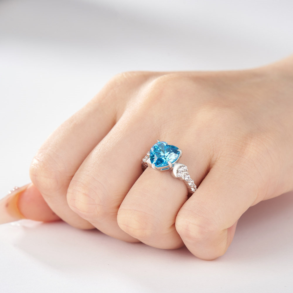 Heart Cut Aquamarine Blue 925 Sterling Silver Moon Engagement Ring