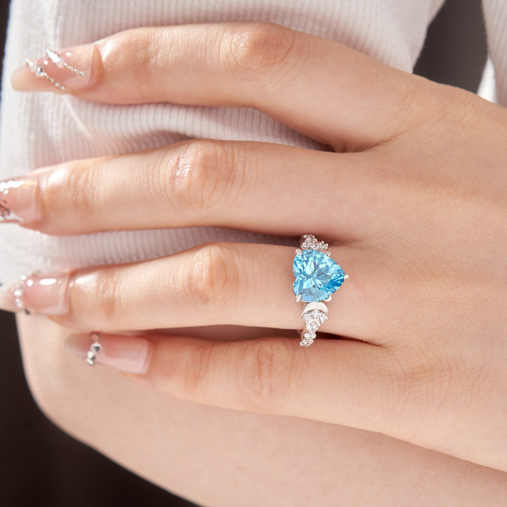 Heart Cut Aquamarine Blue 925 Sterling Silver Moon Engagement Ring