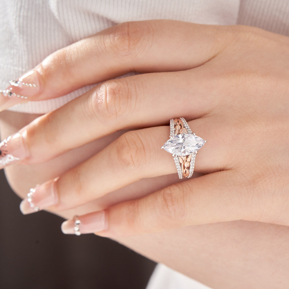 Marquise Cut Diamond White Two-Tone Rose Flower Sterling Silver Engagement Ring