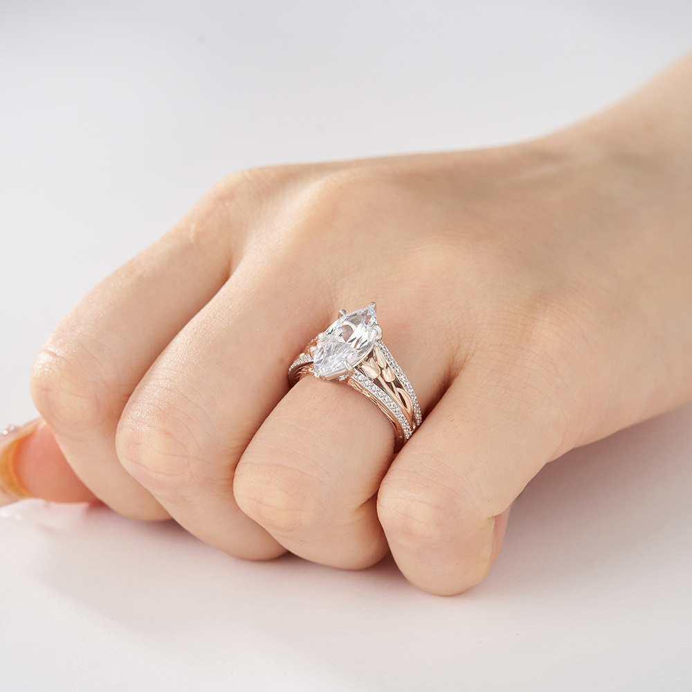 Marquise Cut Diamond White Two-Tone Rose Flower Sterling Silver Engagement Ring
