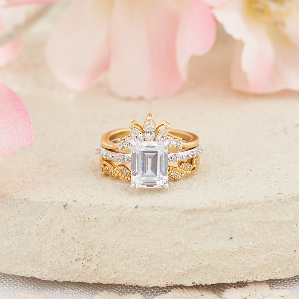 Emerald Cut Diamond White 925 Sterling Silver Yellow Gold Art Deco Bridal Ring Set