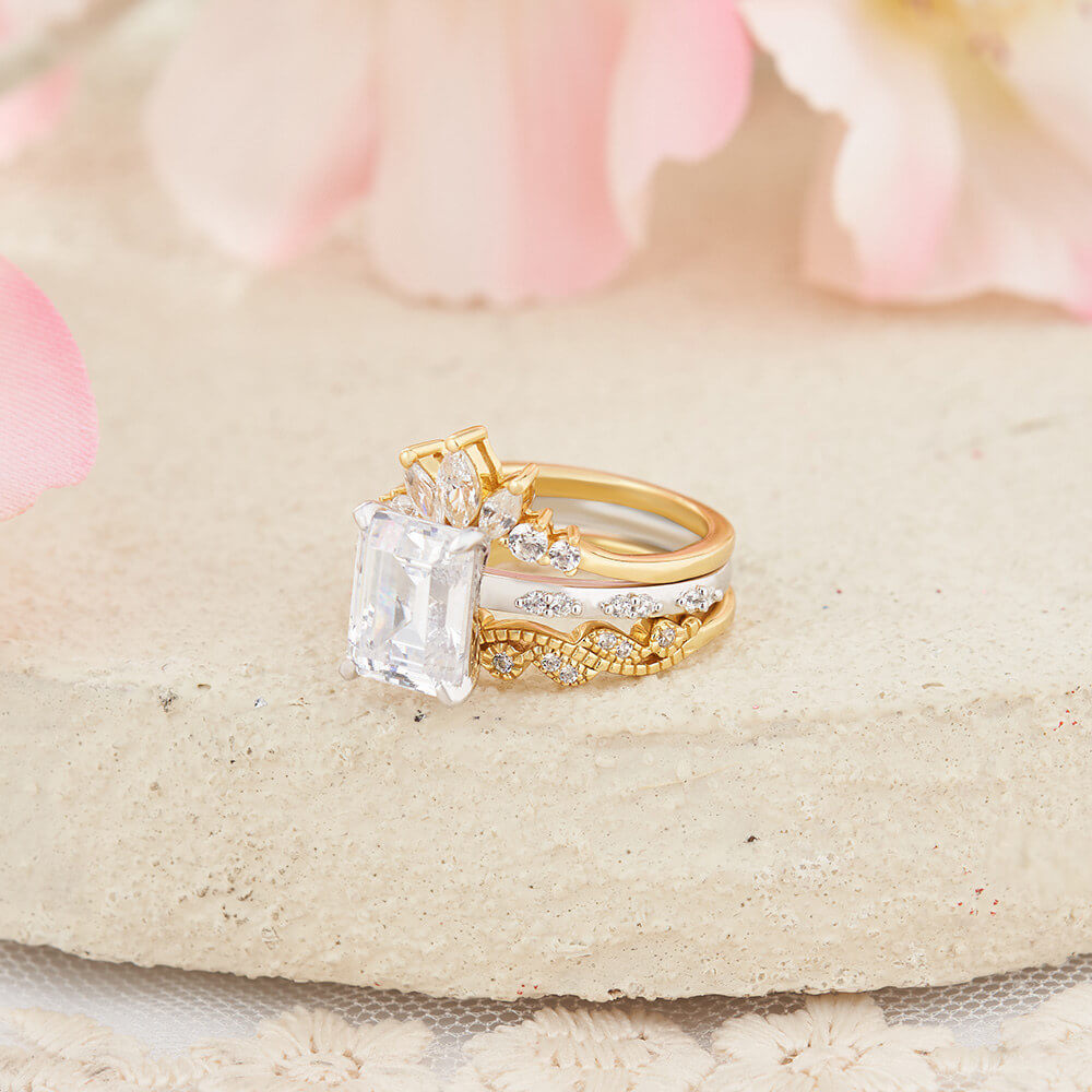 Emerald Cut Diamond White 925 Sterling Silver Yellow Gold Art Deco Bridal Ring Set