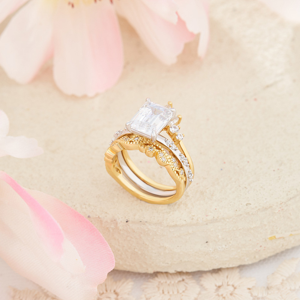 Emerald Cut Diamond White 925 Sterling Silver Yellow Gold Art Deco Bridal Ring Set
