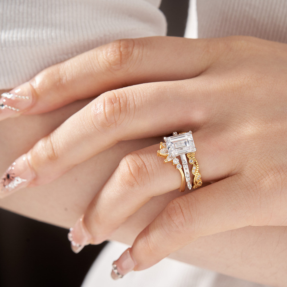 Emerald Cut Diamond White 925 Sterling Silver Yellow Gold Art Deco Bridal Ring Set