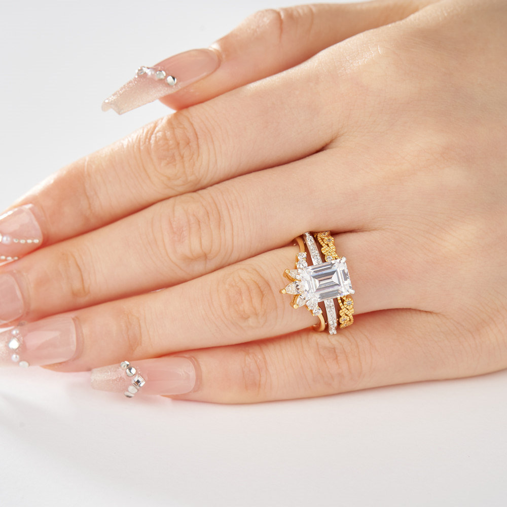 Emerald Cut Diamond White 925 Sterling Silver Yellow Gold Art Deco Bridal Ring Set