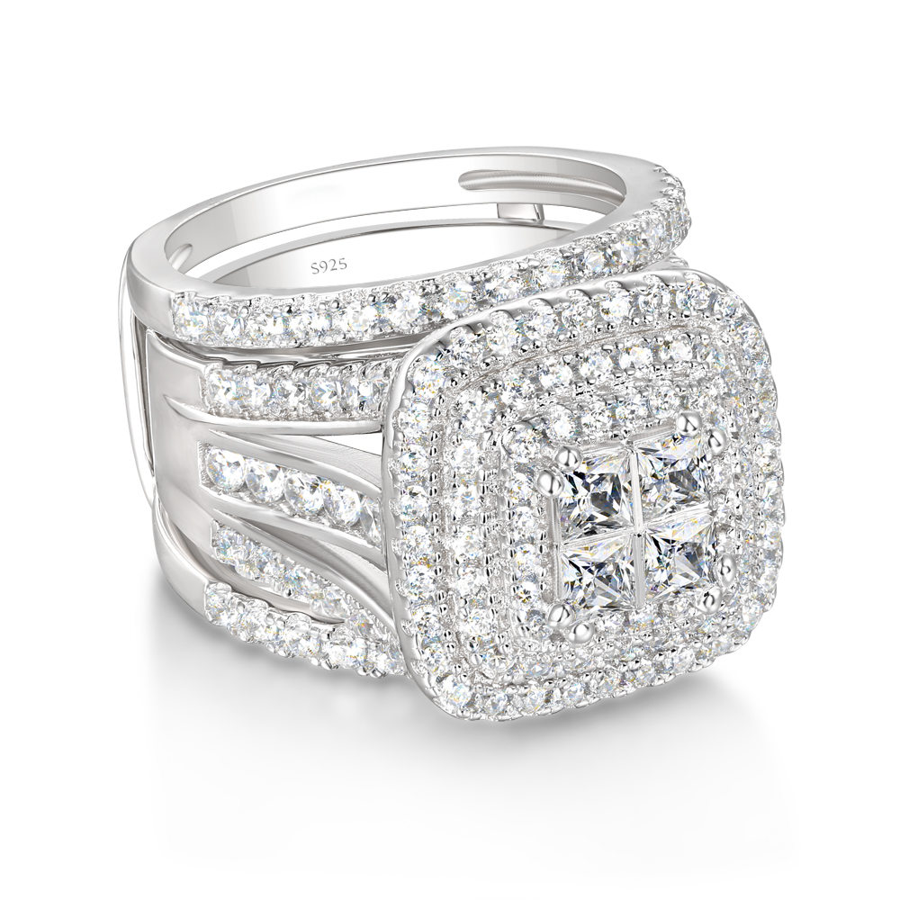 Princess Cut Diamond White Halo Insert Bridal Sets in 925 Sterling Silver