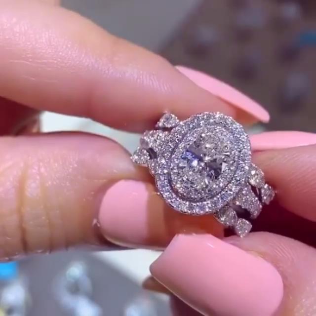 Diamond White Oval Cut Double Halo Bridal Sets in Sterling Silver