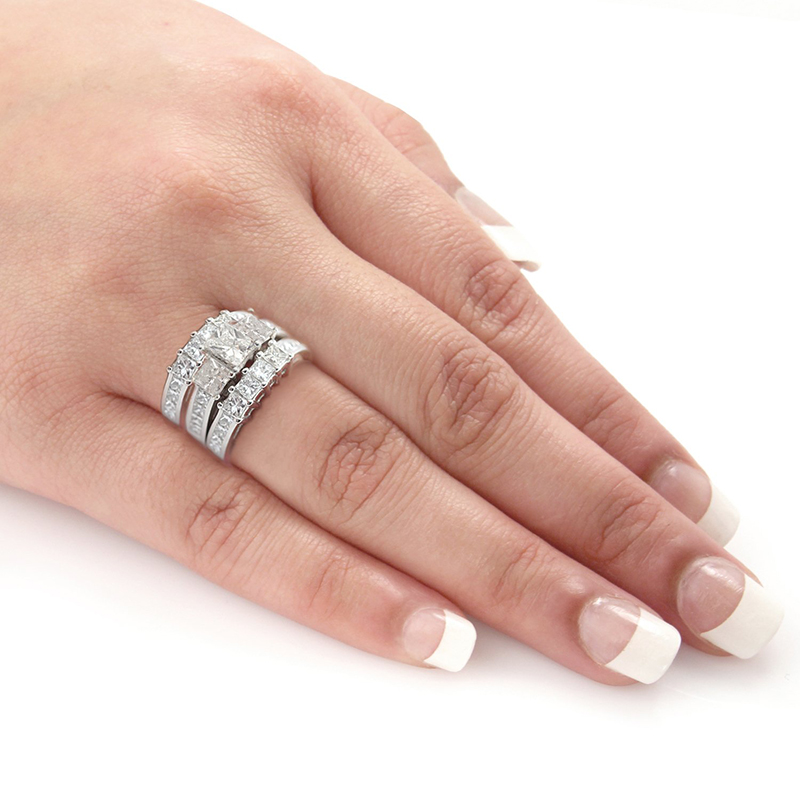 Princess Cut Diamond White 3-Piece Bridal Sets in Sterling Silver
