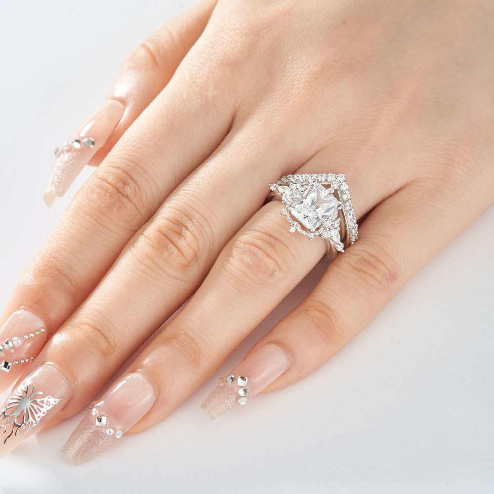 Vintage Radiant Cut Diamond White 925 Sterling Silver Bridal Ring Set