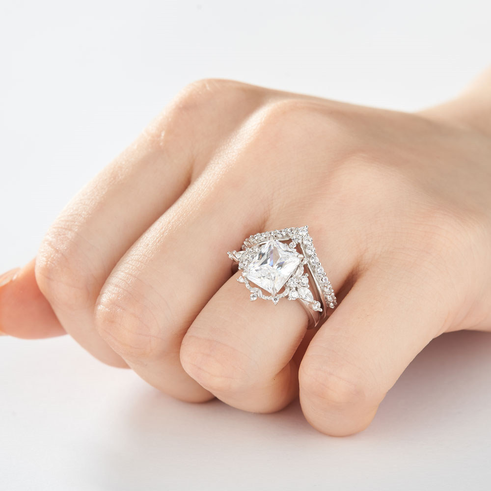 Vintage Radiant Cut Diamond White 925 Sterling Silver Bridal Ring Set