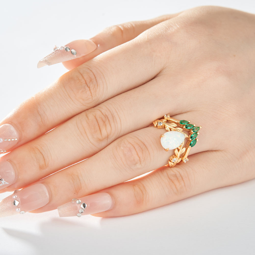 Pear Cut Opal 925 Sterling Silver Art Deco Nature-inspired Yellow Gold Bridal Ring Set