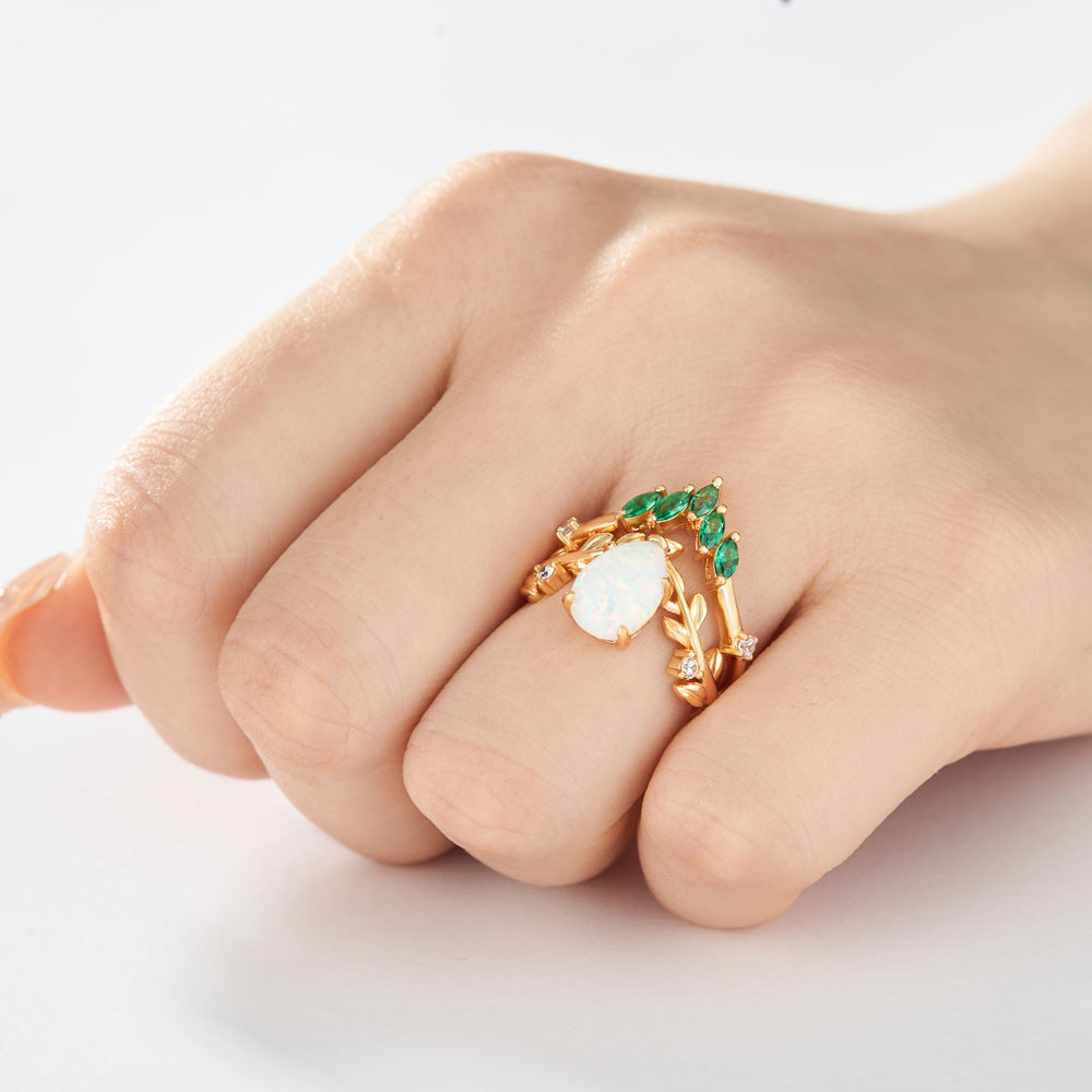 Pear Cut Opal 925 Sterling Silver Art Deco Nature-inspired Yellow Gold Bridal Ring Set