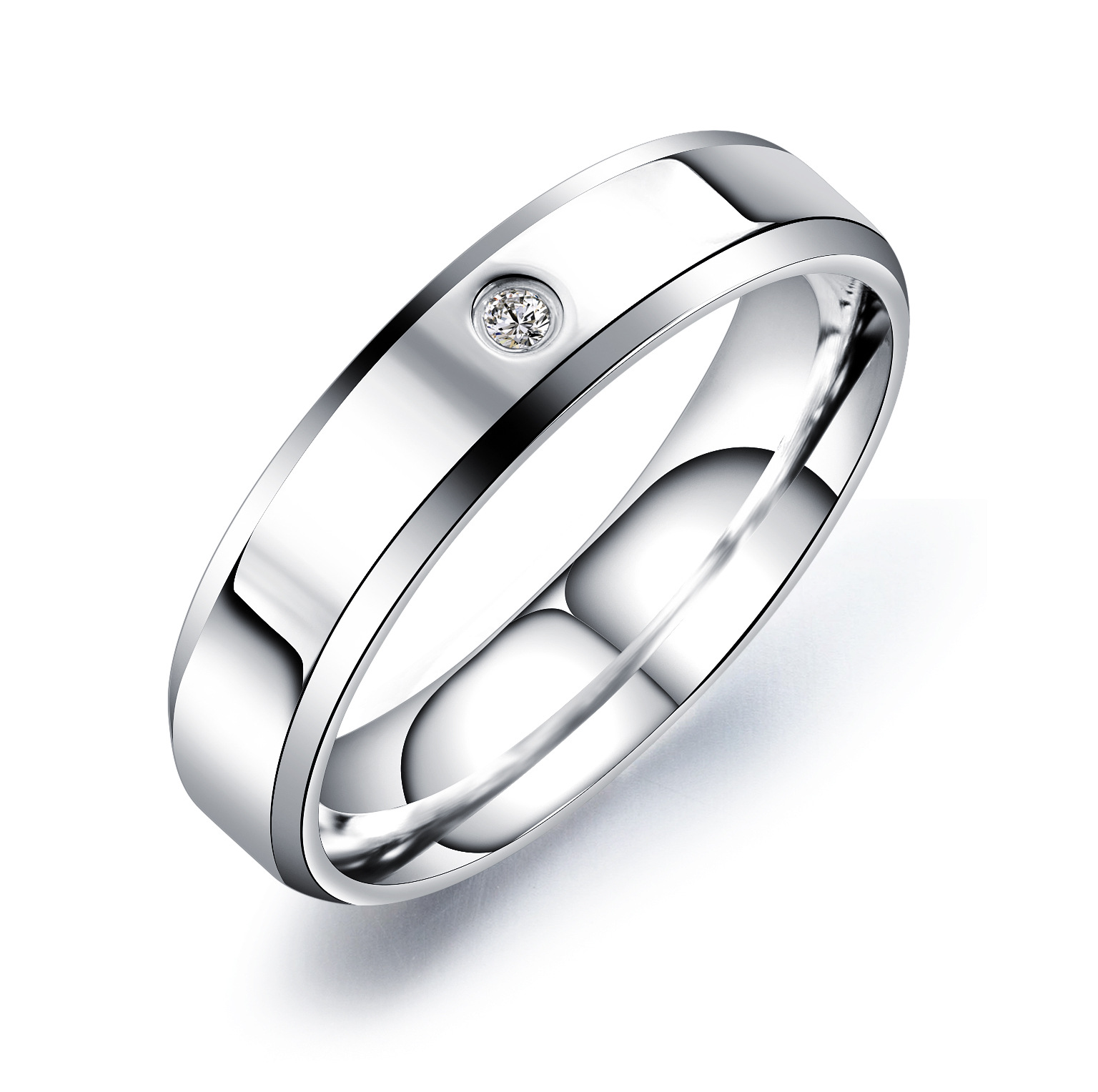 Round Diamond White Titanium Silver Couple Rings