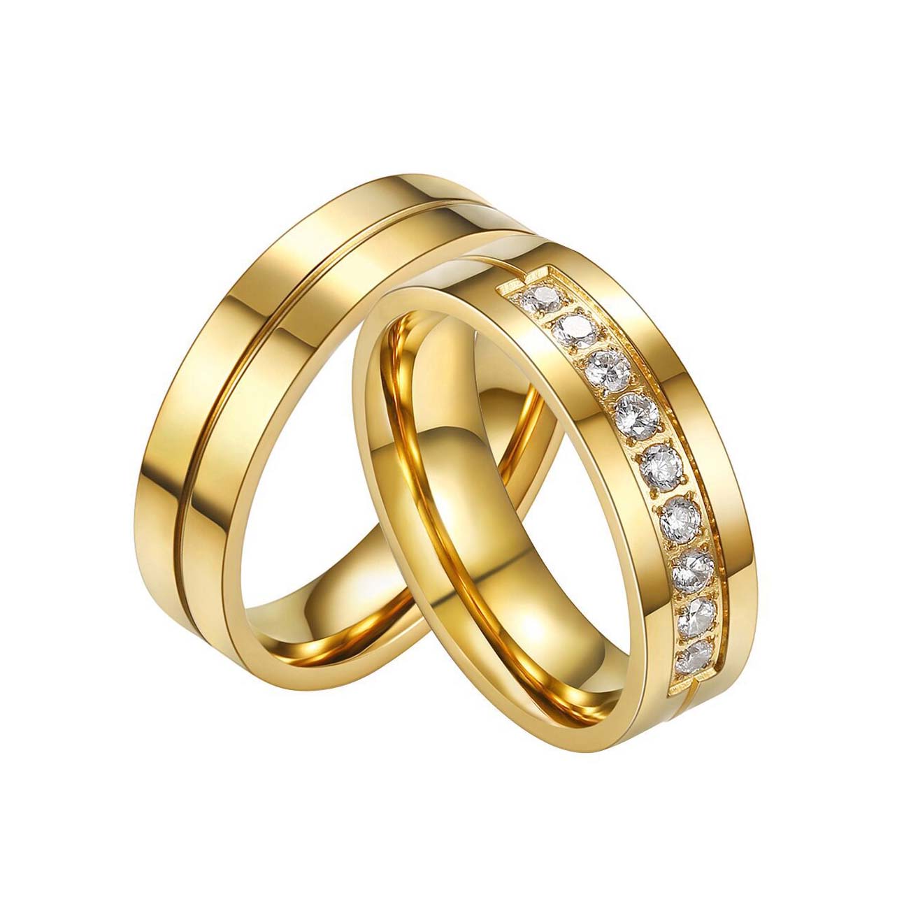 Round Diamond White Yellow Gold Titanium Couple Rings