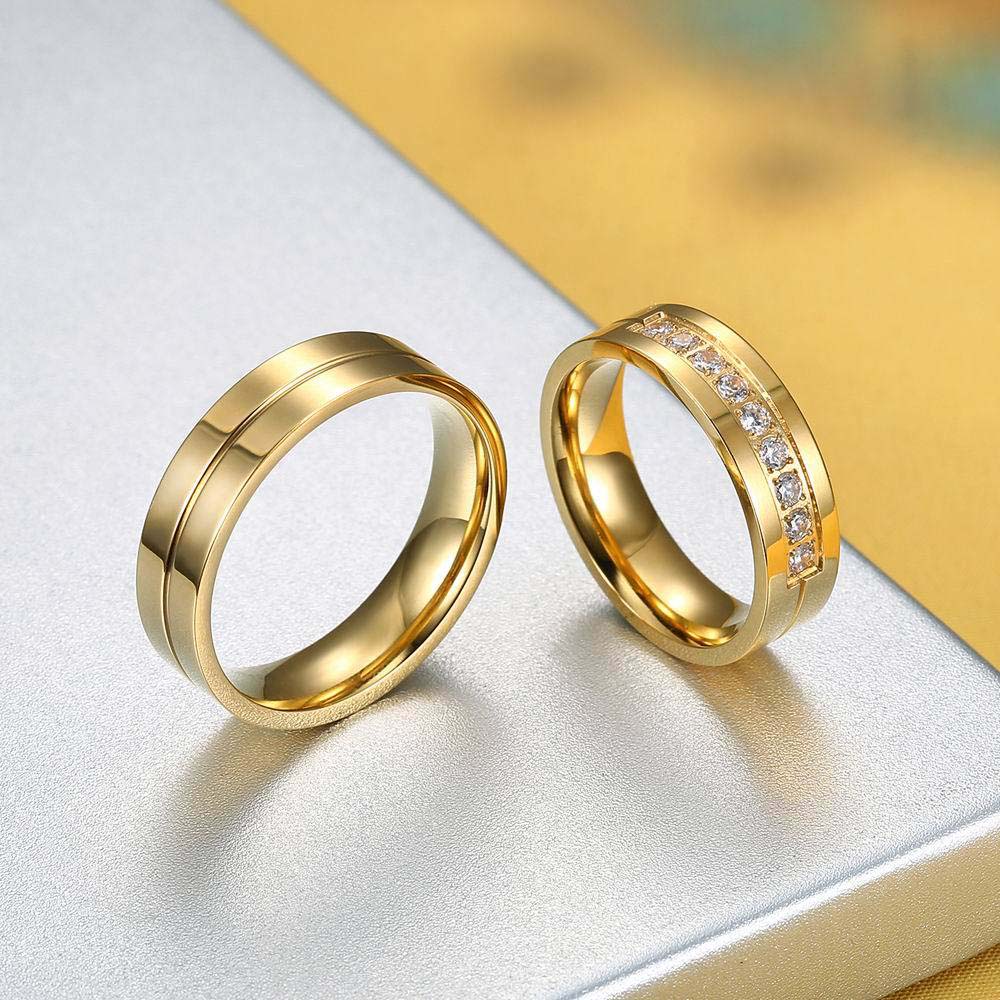 Round Diamond White Yellow Gold Titanium Couple Rings