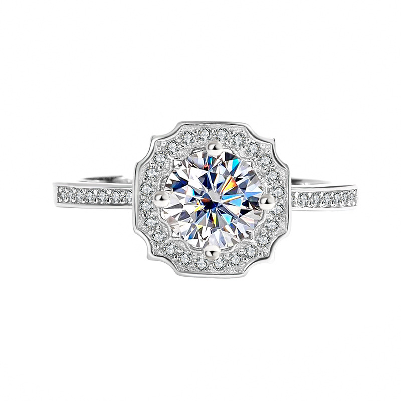 Round Cut Moissanite Diamond White 925 Sterling Silver Halo Engagement Ring