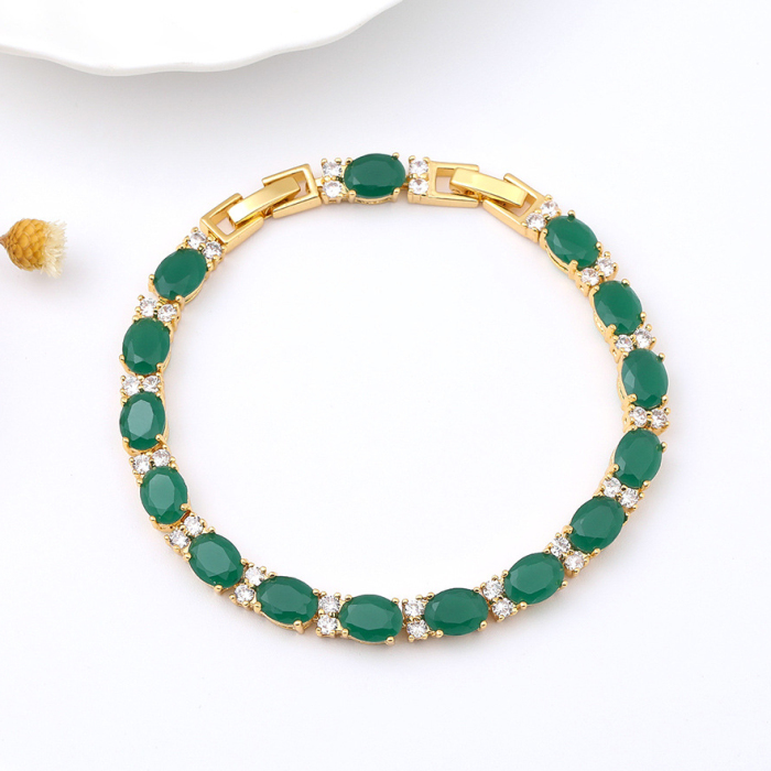 Green Crystal Yellow Gold 7 Inch Bracelet