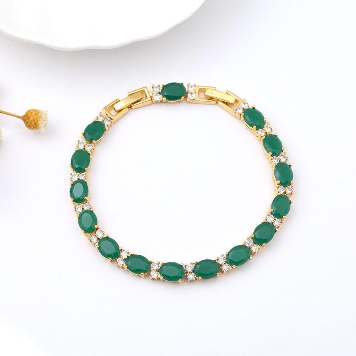 Green Crystal Yellow Gold 7 Inch Bracelet
