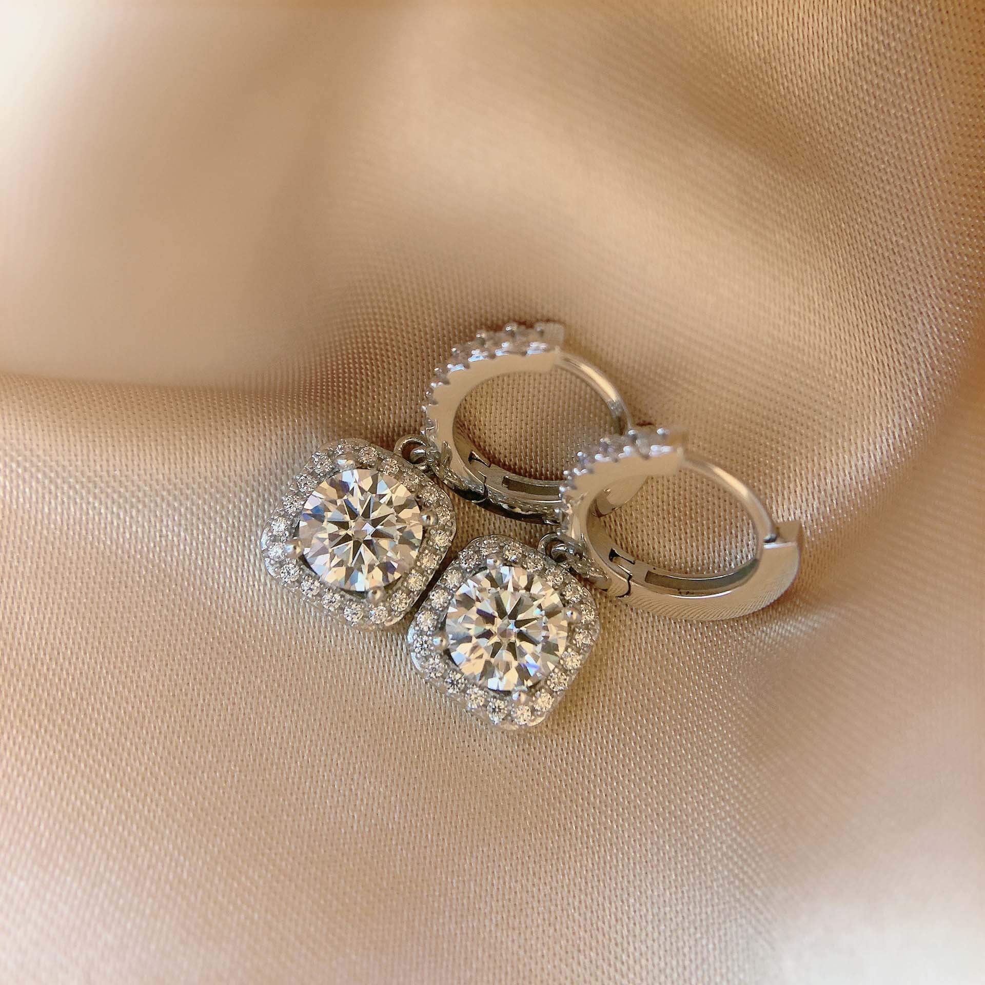 Round Diamond White 925 Sterling Silver Halo Drop Earrings