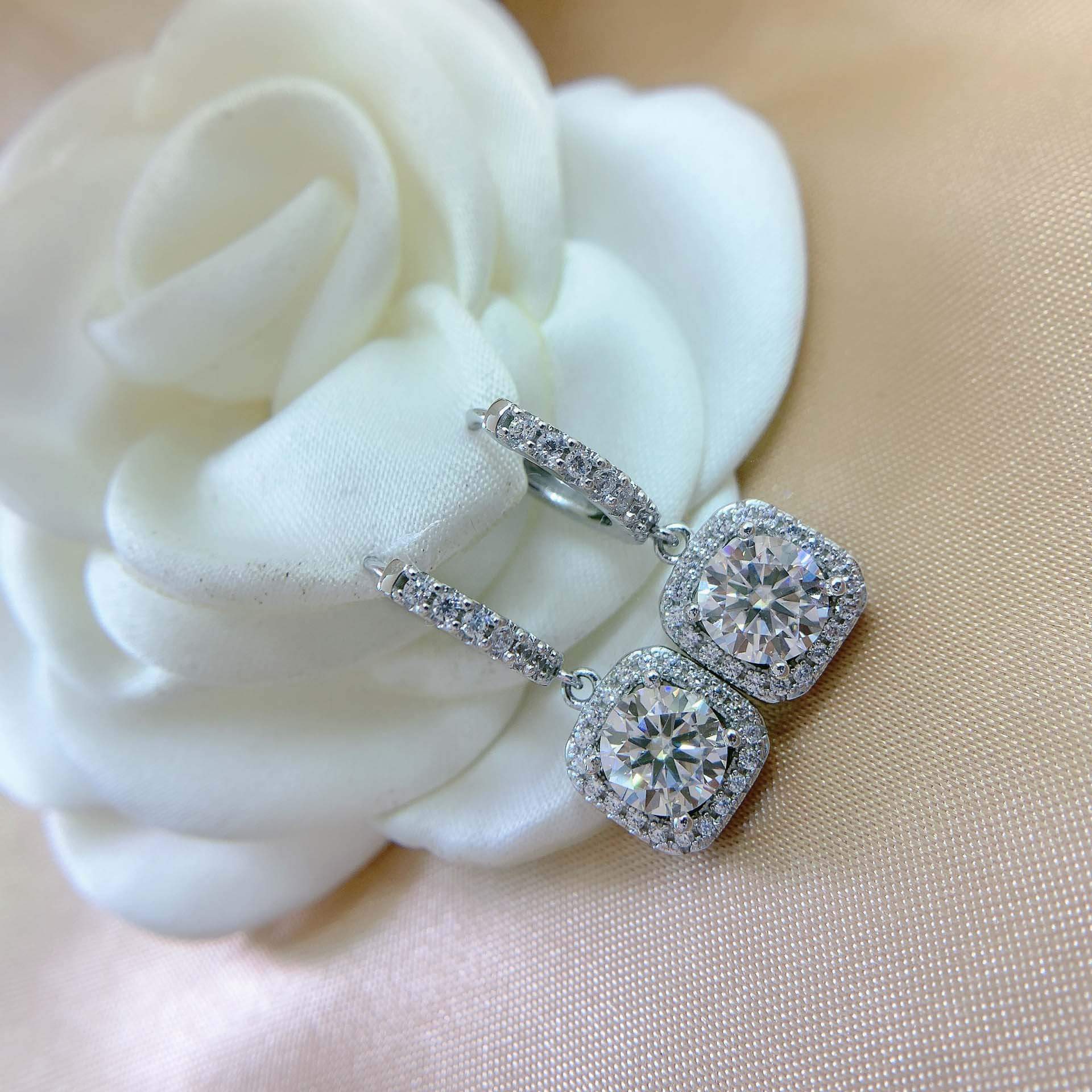 Round Diamond White 925 Sterling Silver Halo Drop Earrings