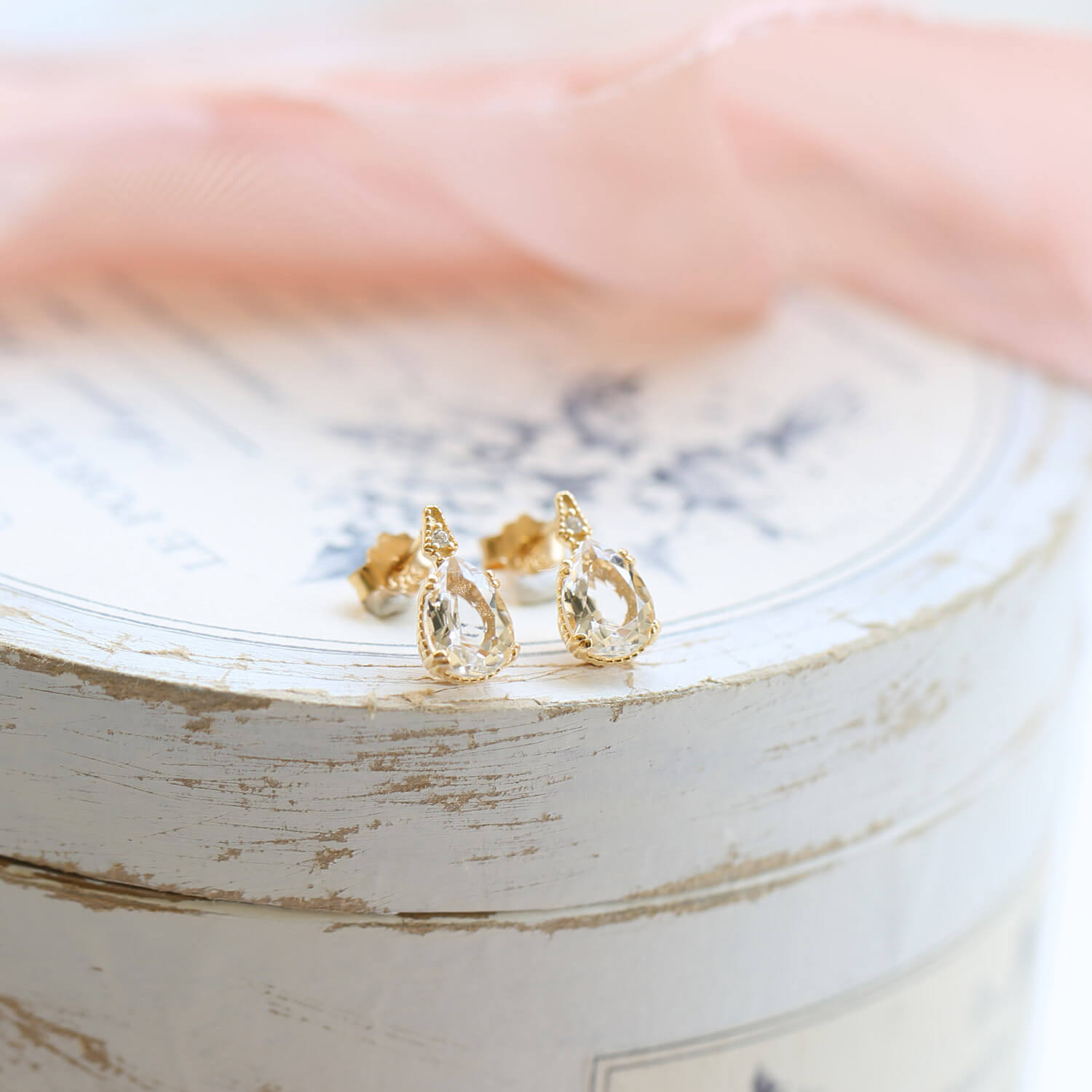 Pear 925 Sterling Silver Crystal Quartz Yellow Gold Stud Earrings