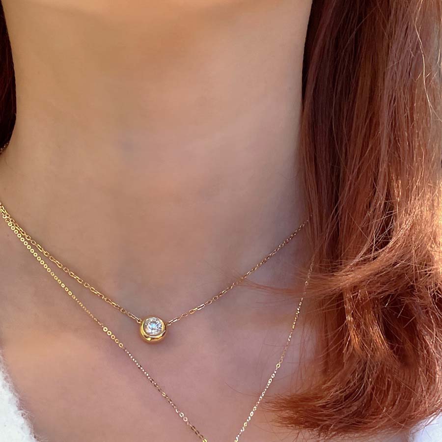 Round Diamond White 925 Sterling Silver Yellow Gold 17-inch Necklace