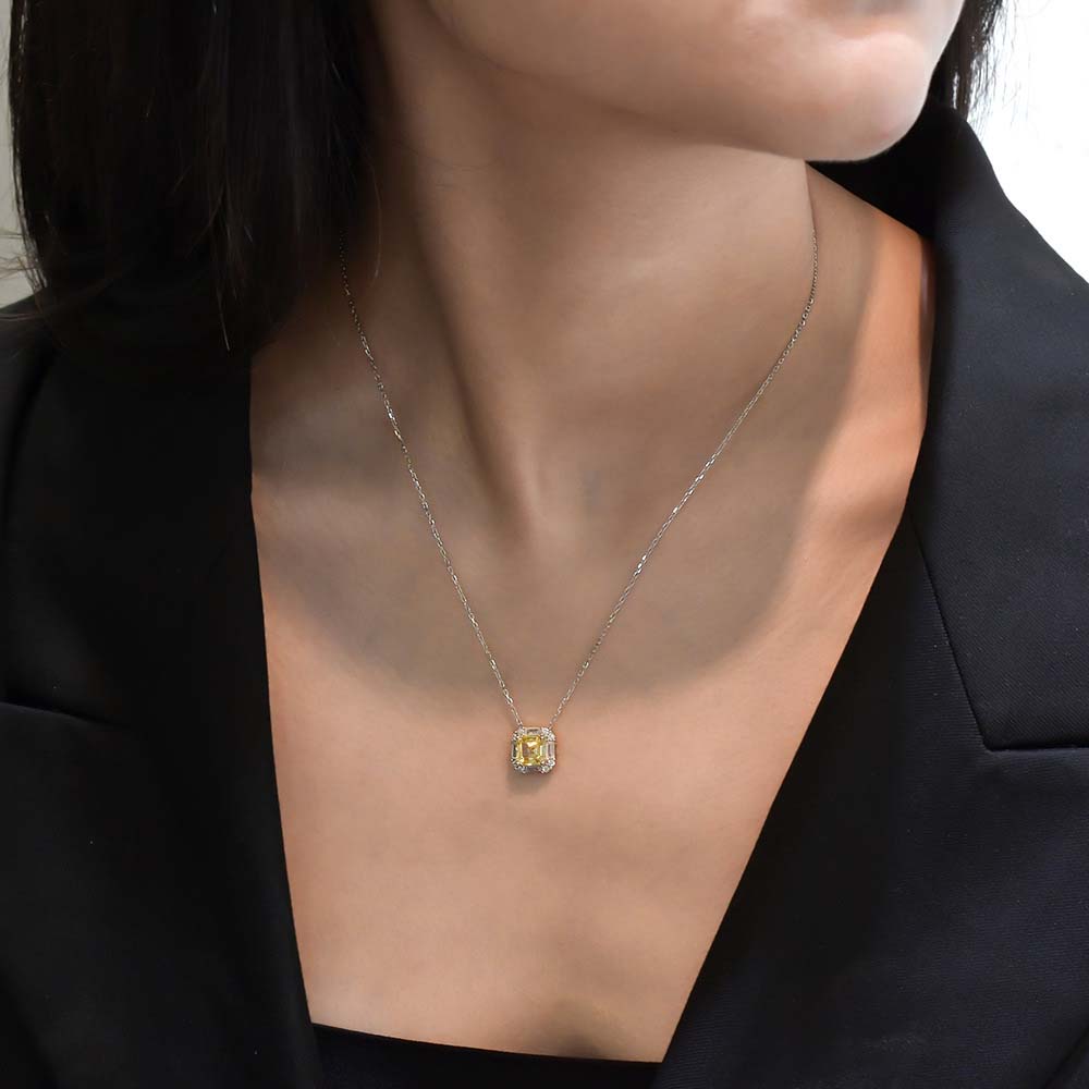 Asscher Citrine Yellow 925 Sterling Silver 16-inch Necklace