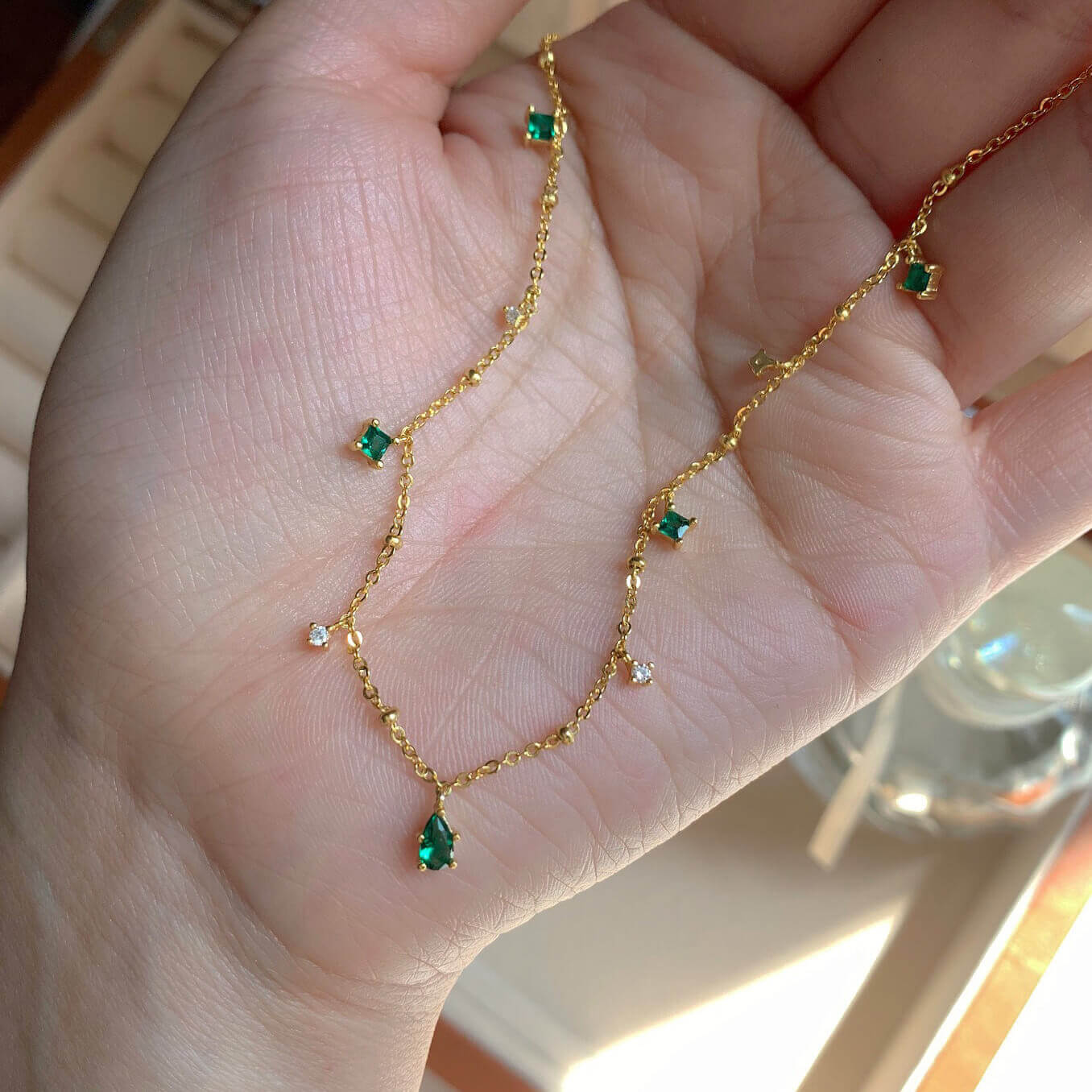 18K Gold Plated 925 Sterling Silver Emerald Green Necklace