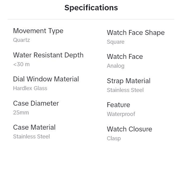 Womens Square Fashion Quartz Movement Watch