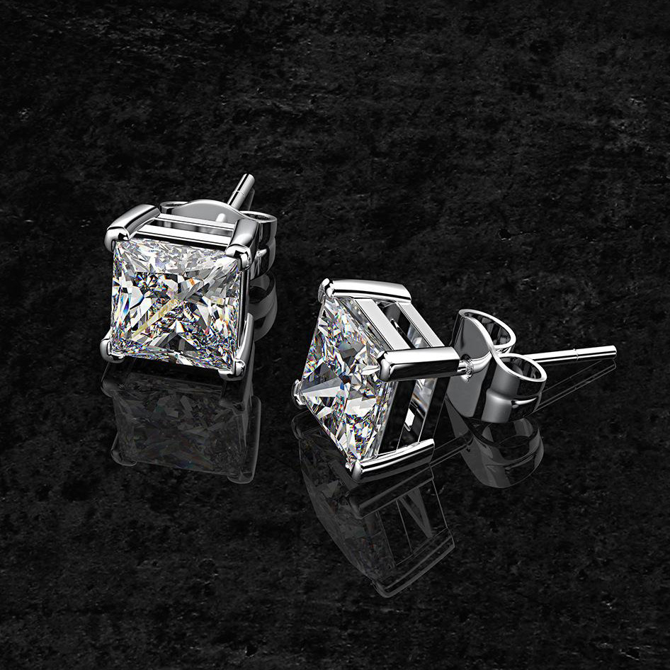 Fancy Princess Cut Stud Earrings In 925 Sterling Silver
