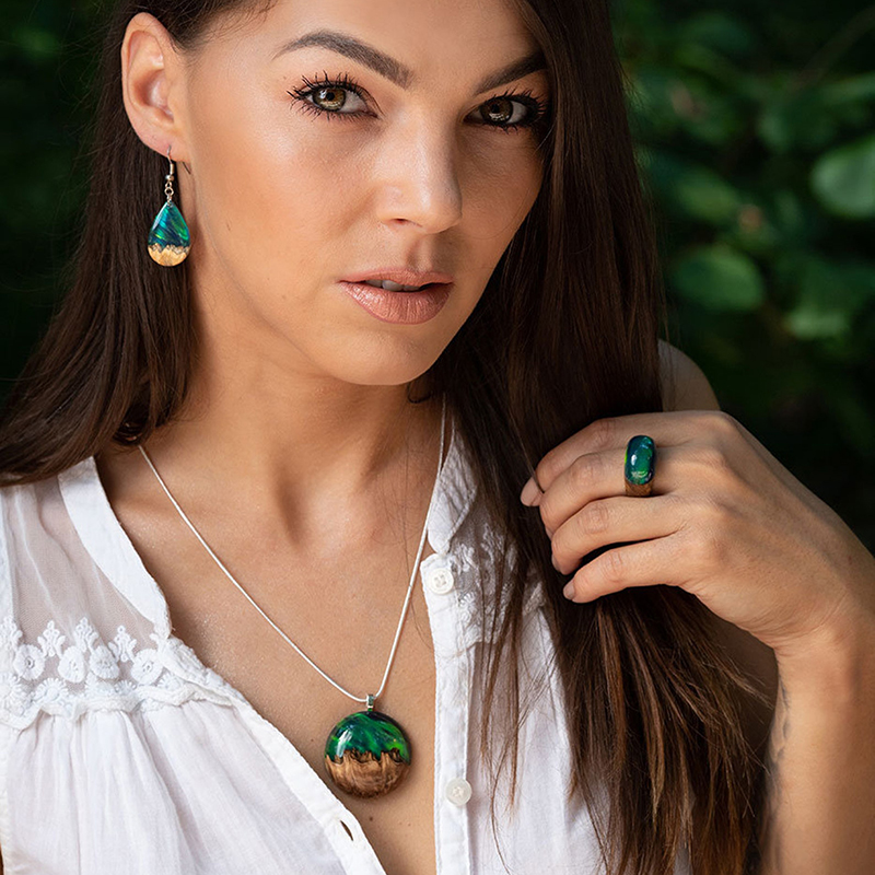Wood And Resin Aurora Borealis Necklace Anniversary Birthday Gift