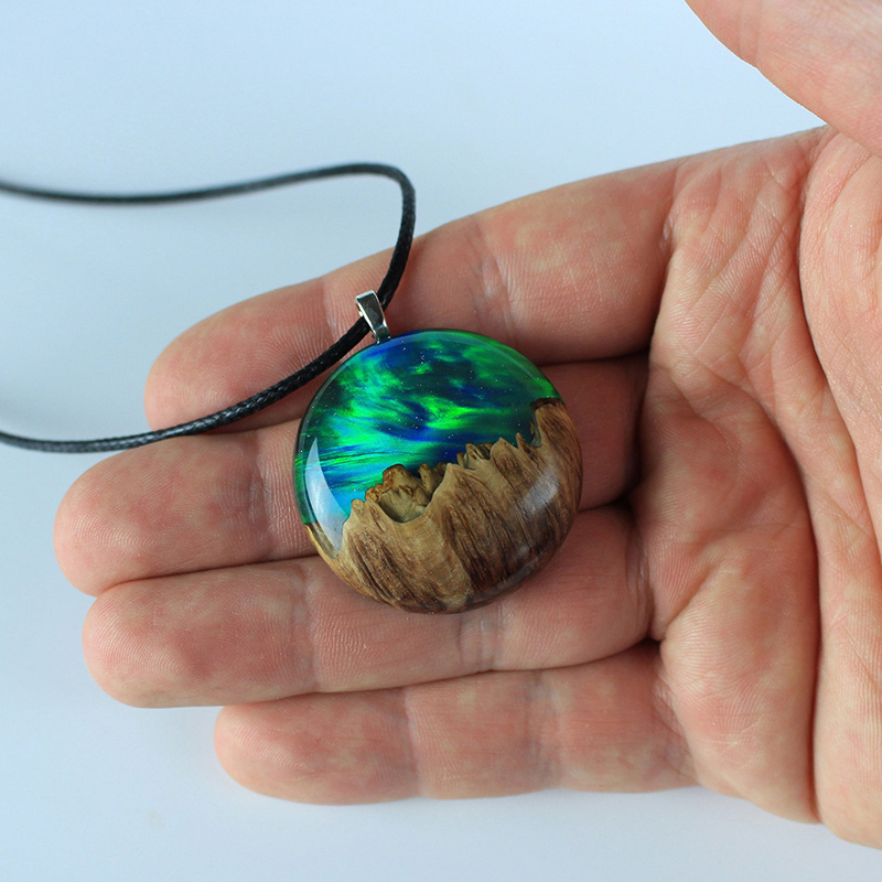 Wood And Resin Aurora Borealis Necklace Anniversary Birthday Gift