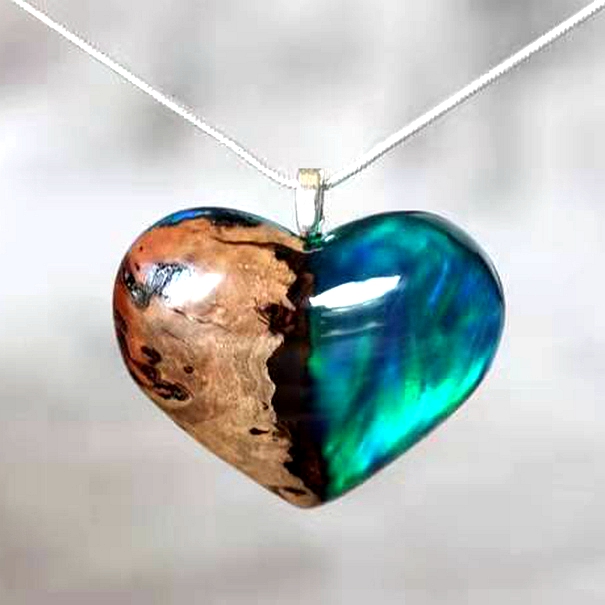 Wood And Resin Heart Aurora Borealis Opal Necklace