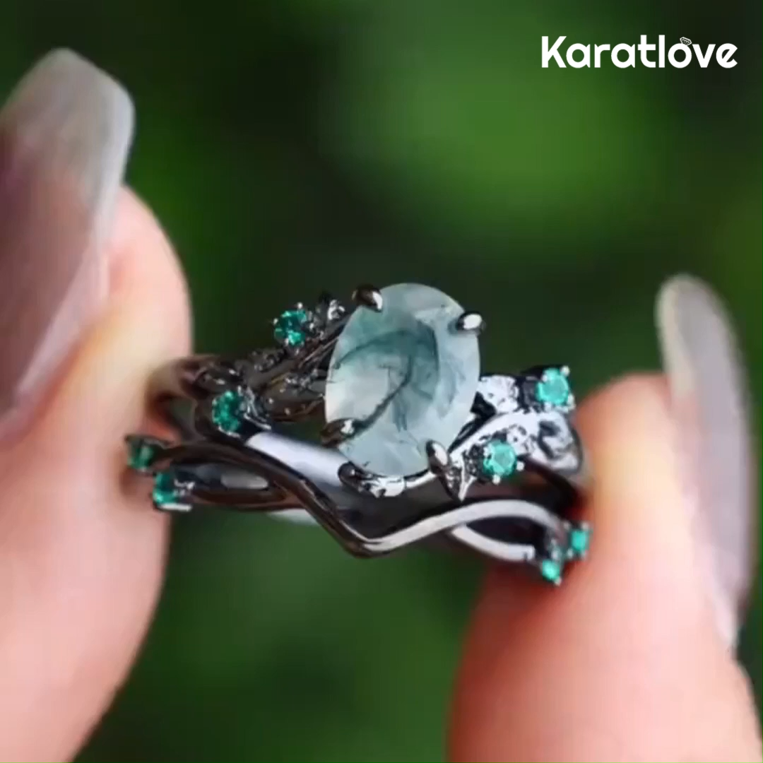 Oval Cut Green Moss Agate Nature Inspired Sterling Silver Bridal Ring Set