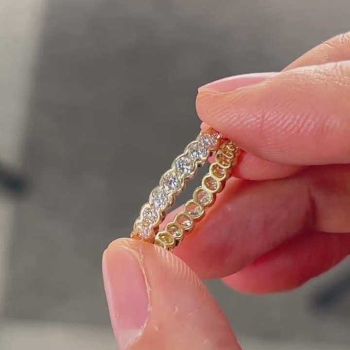 Vintage Round Cut Diamond White 925 Sterling Silver Yellow Gold Eternity Women's Band