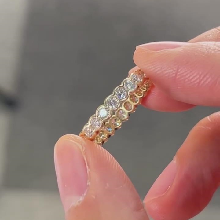 Vintage Round Cut Diamond White 925 Sterling Silver Yellow Gold Eternity Women's Band