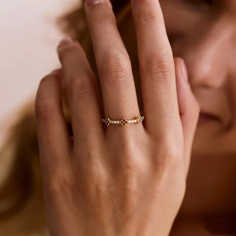 Minimalist Personalized Birthstone 925 Sterling Silver Four Leaf Clover Women's Band