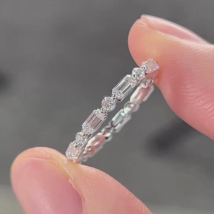 Emerald Cut & Round Diamond White 925 Sterling Silver Eternity Women's Band