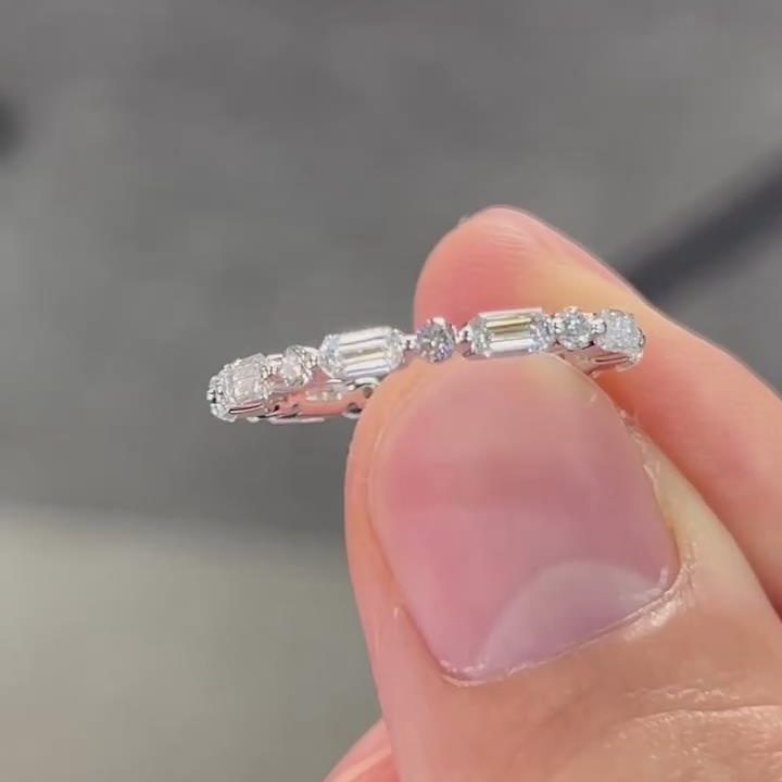 Emerald Cut & Round Diamond White 925 Sterling Silver Eternity Women's Band
