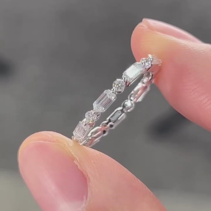 Emerald Cut & Round Diamond White 925 Sterling Silver Eternity Women's Band