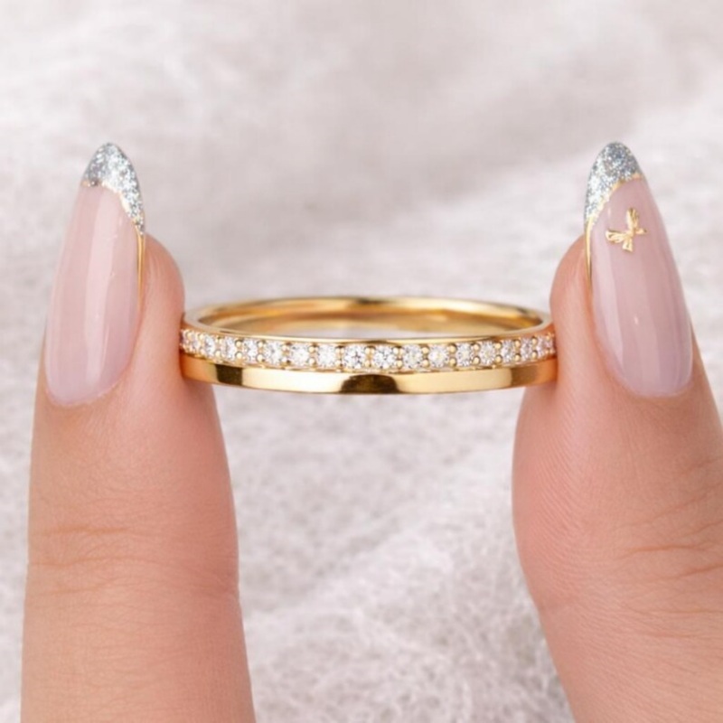 Minimalist Round Diamond White 925 Sterling Silver Yellow Gold Half Eternity Women's Band