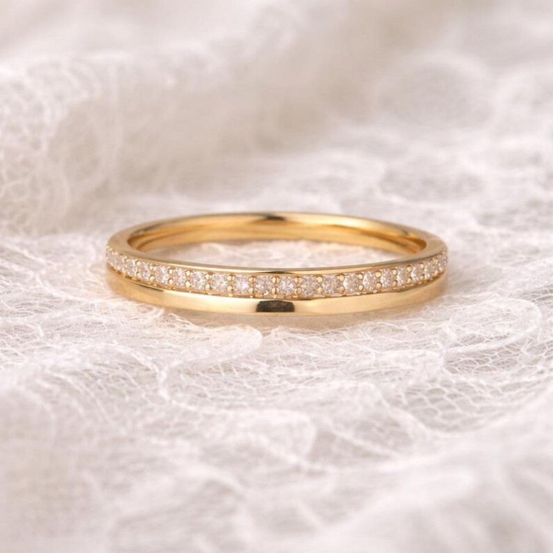 Minimalist Round Diamond White 925 Sterling Silver Yellow Gold Half Eternity Women's Band